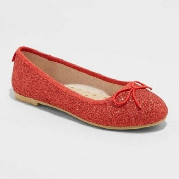 NWT Red Glitter Cat /& Jack Youth Big Girls Genice Ballet Flats